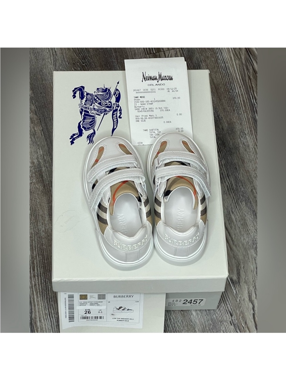 Burberry Kids White Sneakers with Beige & Black Check Straps